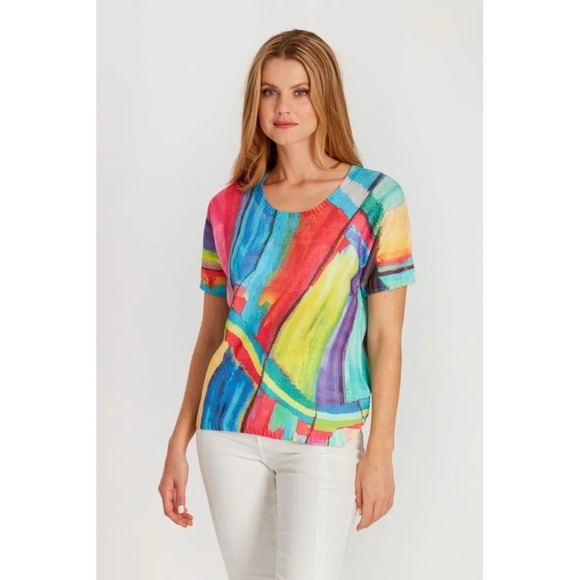 Serengeti Tops - SERENGETI L Watercolor Knit Top Short Sleeve Painterly Art to Wear Bright Funky